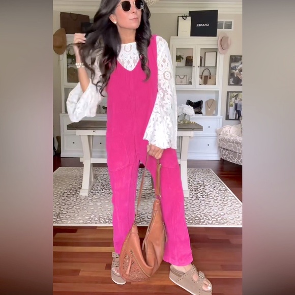 Free People Pants - Pink corduroy high roller jumpsuit